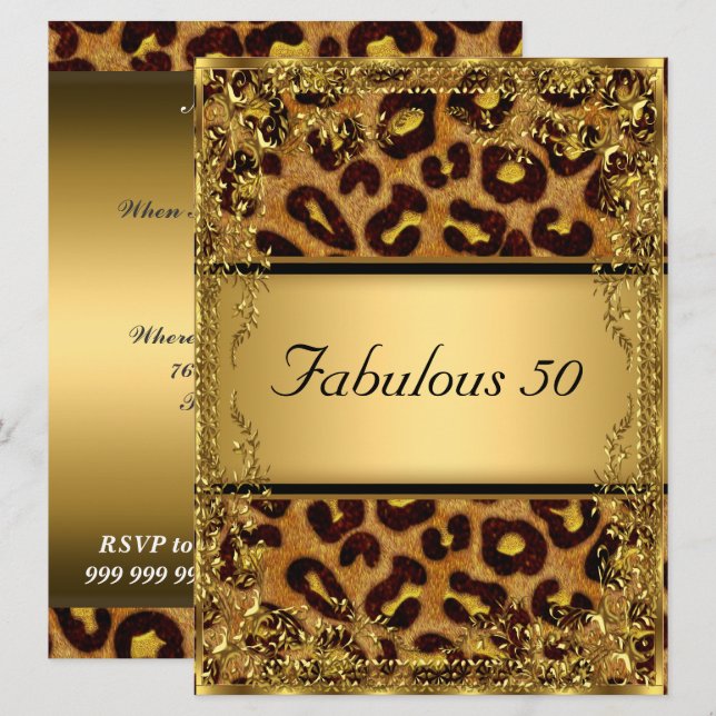 Invitation Leopard et Gold Fabulous à 50 fête d'anniversaire (Devant / Derrière)