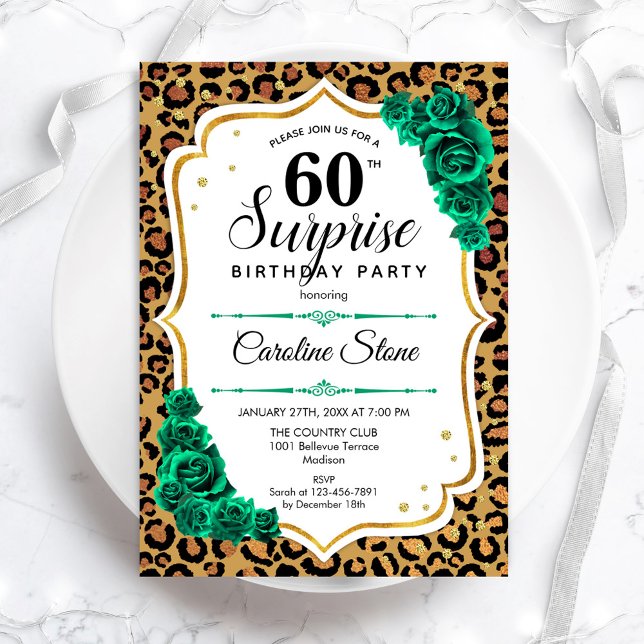 Invitation Leopard Gold White Green Surprise 60e anniversaire (Créateur téléchargé)