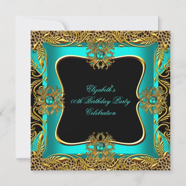 Invitation Leopard Jade Turquoise Gold Jewel Black Birthday P (Devant)
