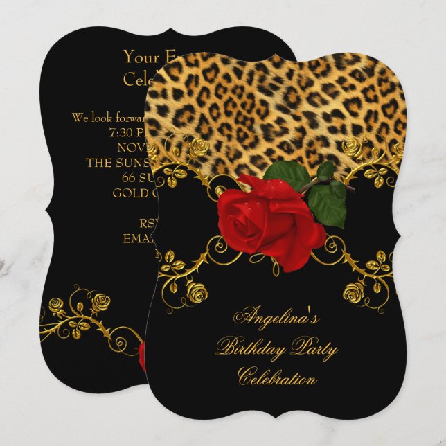 Invitation Leopard Rose Red Black Gold Anniversaire Party 2 (Devant / Derrière)