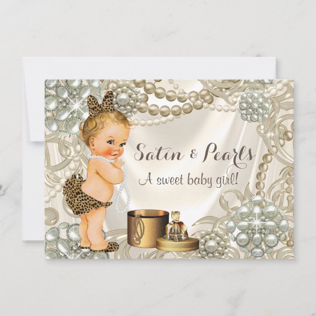 Invitation Leopard Satin Pearl Girly Baby Girl Douche (Devant)