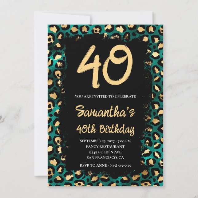 Invitation Leopard Turquoise or peint noir 40e anniversaire (Devant)