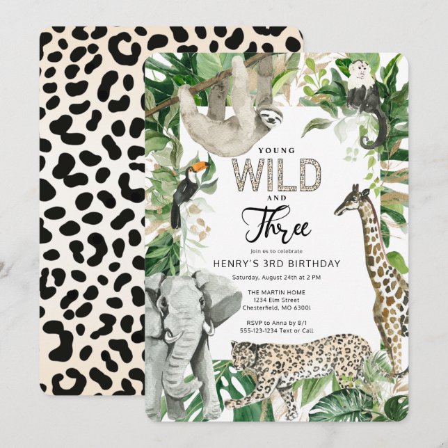 Invitation Leopard Young Wild et Three Safari Anniversaire (Devant / Derrière)