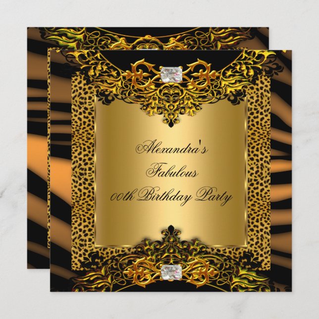 Invitation Leopard Zebra Gold Black Lace Diamond Anniversaire (Devant / Derrière)