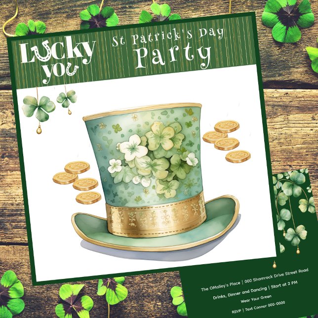 Invitation Leprechaun Casquette et Gold Coins Party (Lucky you St Patrick's Day Irish top hat customizable party invitation in green and gold. )