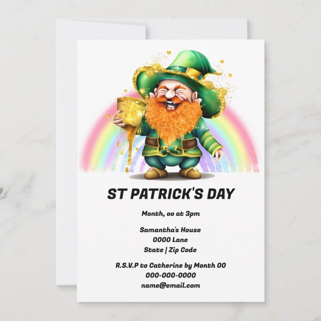 Invitation Leprechaun pot d'or arc-en-ciel irlandais heureux  (Devant)