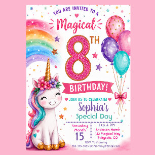 Invitation Les 8 ans de la fille licorne magique