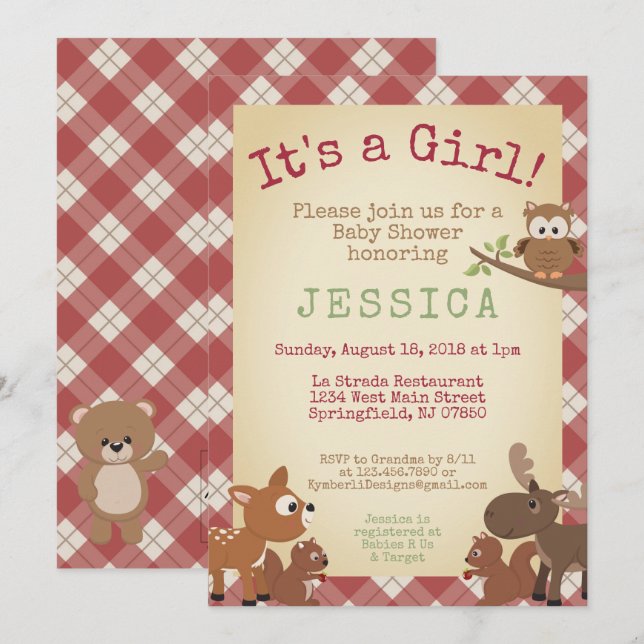Invitation Les animaux de bois C'est une fille ! baby shower (Devant / Derrière)
