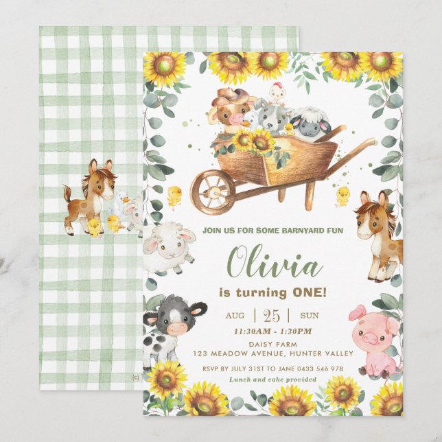 Invitation Les animaux de ferme de Sunflower Green Birthday (Devant / Derrière)
