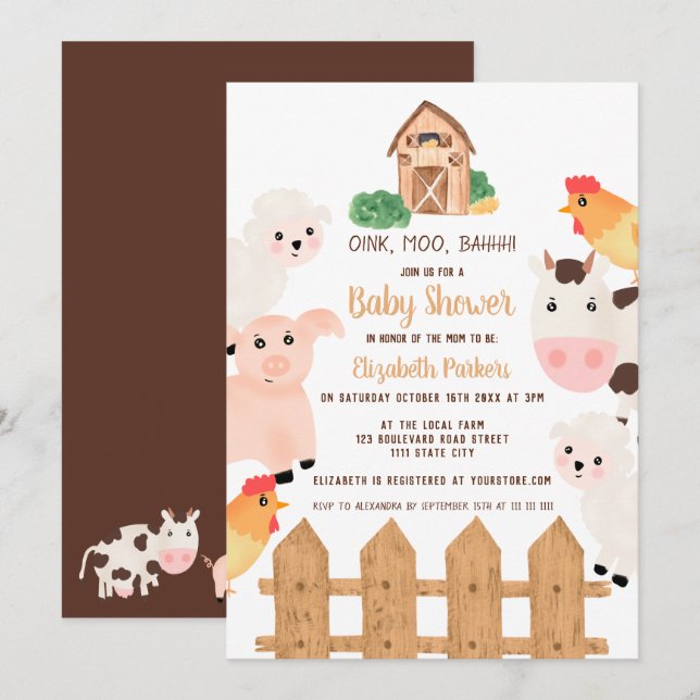 Invitation Les animaux de ferme mignons baby shower neutre à  (Devant / Derrière)