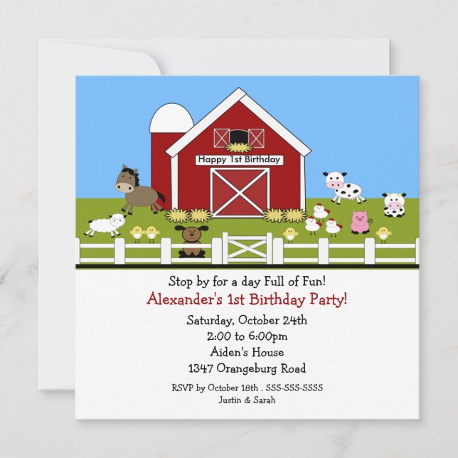 Invitation Les animaux de la grange s'amusent 1er anniversair (Devant)