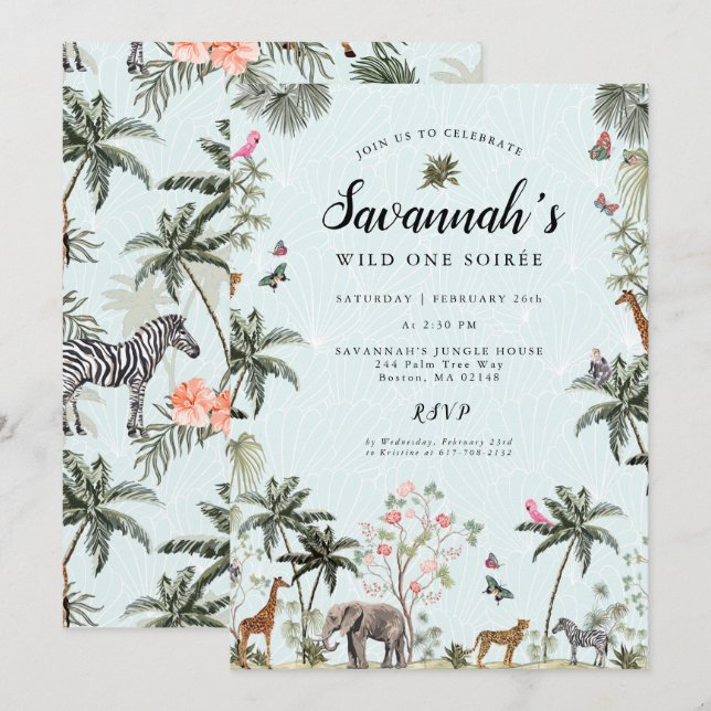 Invitation Les animaux de la jungle tropicale | Fille sauvage (Devant / Derrière)