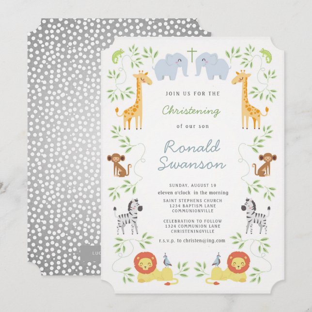 Invitation Les animaux de l'arche de Noé Christening Invitati (Devant / Derrière)