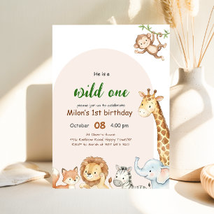 Invitation Les Animaux de Safari du Fou 1er Anniversaire