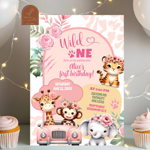 Invitation Les Animaux de Safari Fille Sauvage Un Premier Ann