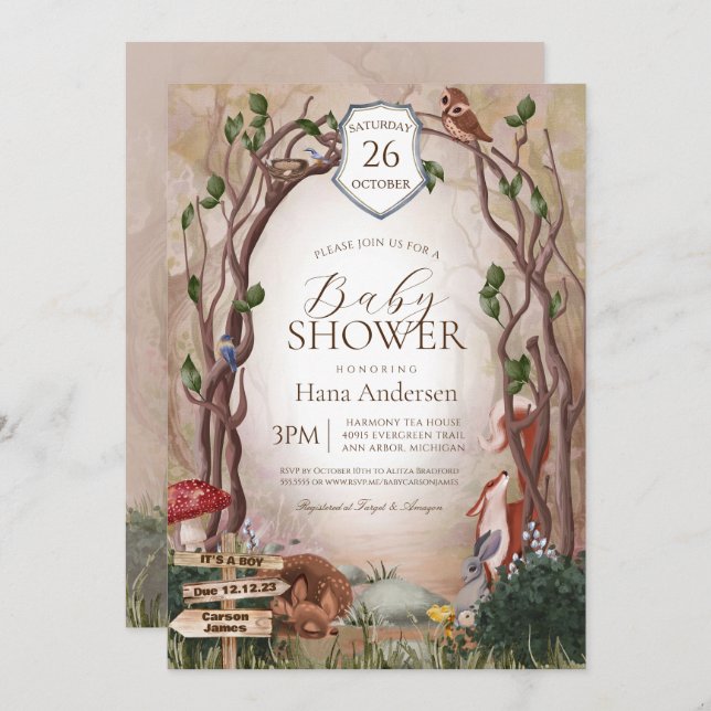 Invitation Les animaux des bois Automne Baby shower forestier (Devant / Derrière)