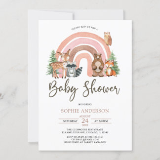 Invitation Les animaux des bois et le Baby shower arc-en-ciel