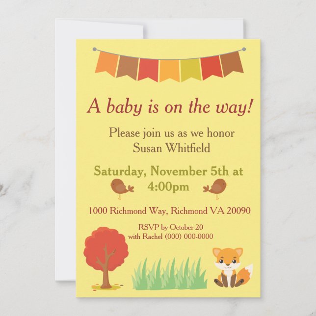 Invitation Les animaux des bois tombent Baby shower à thème (Devant)