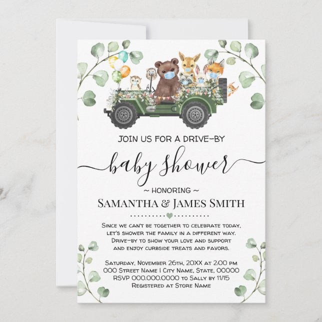 Invitation Les animaux des bois traversent le Baby shower (Devant)
