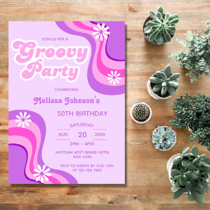 Invitation les années 70 Retro Super fêtes marguerites violet