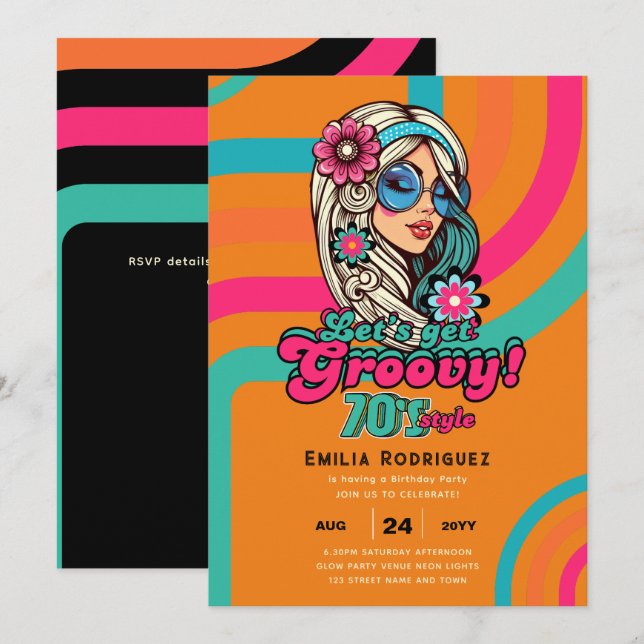 Invitation les années 70 soirée d'anniversaire Boogie Retro D (Devant / Derrière)