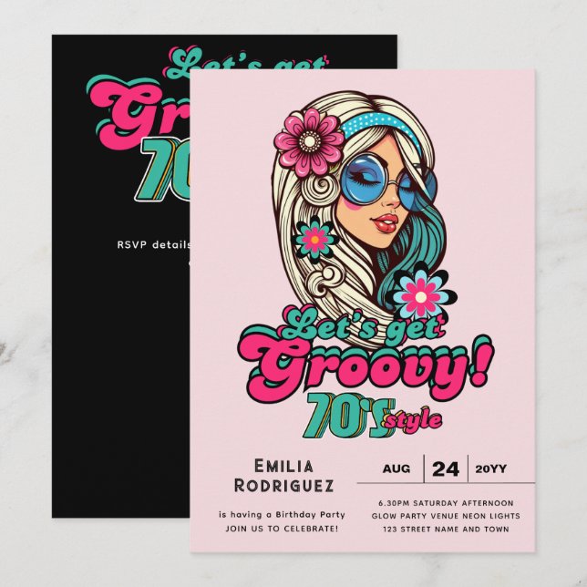 Invitation les années 70 soirée d'anniversaire Boogie Retro D (Devant / Derrière)