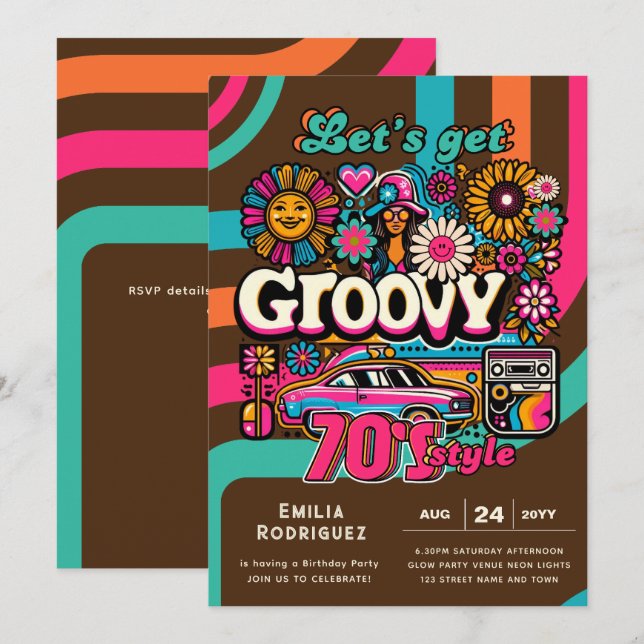 Invitation les années 70 soirée d'anniversaire Boogie Retro D (Devant / Derrière)