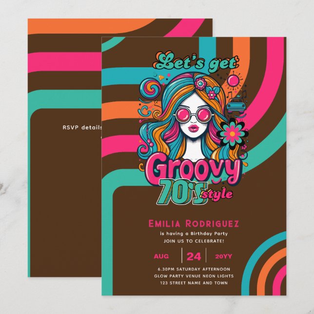 Invitation les années 70 soirée d'anniversaire Boogie Retro D (Devant / Derrière)