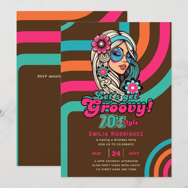 Invitation les années 70 soirée d'anniversaire Boogie Retro D (Devant / Derrière)