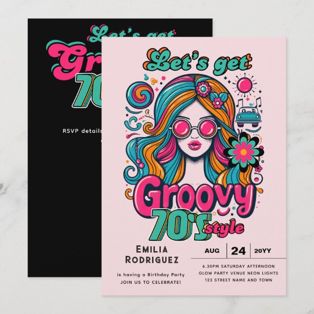 Invitation les années 70 soirée d'anniversaire Boogie Retro D (Devant / Derrière)