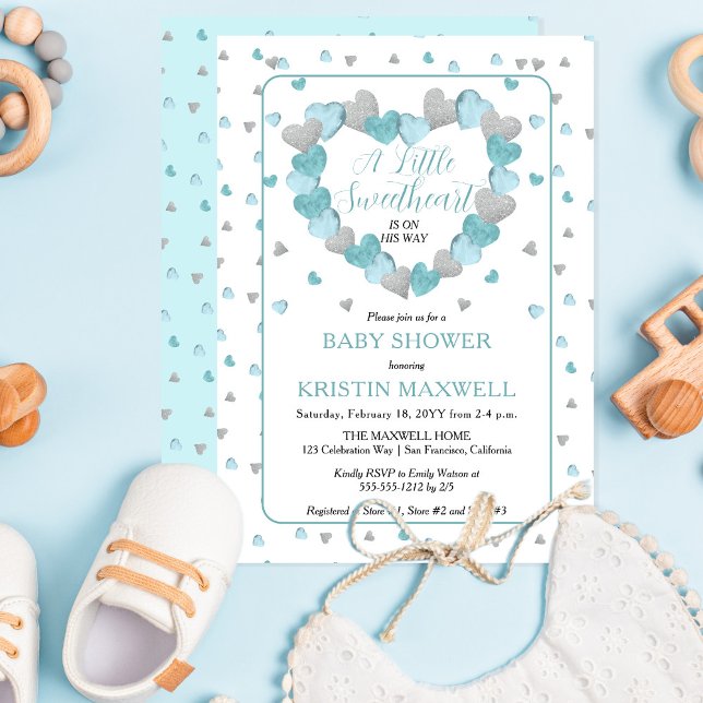 Invitation Les Coeurs Bleus Serrent Un Petit Baby shower Amou (A Little Sweetheart Is On His Way Sweet Hearts Theme Boy Baby Shower Invitation - Print | Digital)