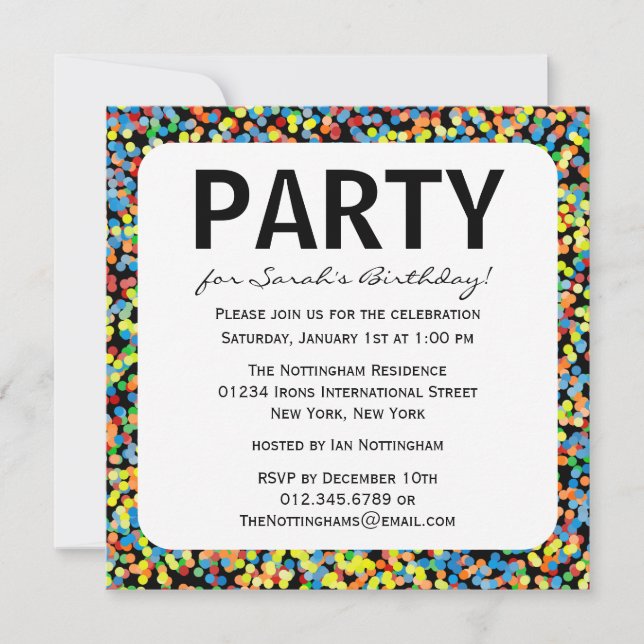Invitation Les confettis arrosent la fête d'anniversaire (Devant)