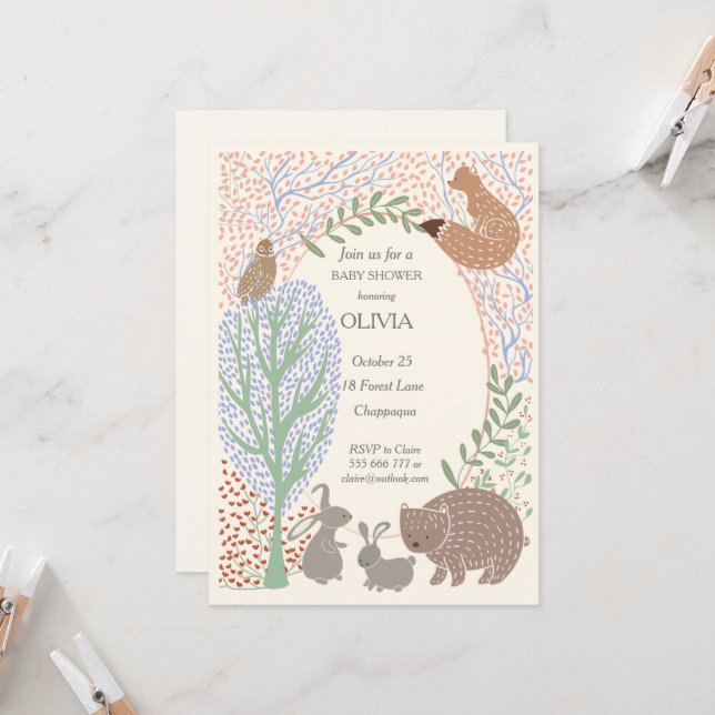 Invitation "Les créatures des bois baby shower animal rustiqu (Devant/Arrière en situation)