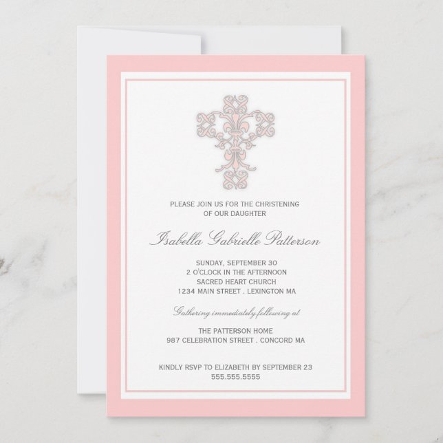Invitation Les Elégantes Croisées Roses Christening Invitatio (Devant)
