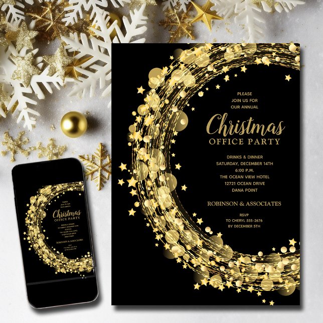 Invitation Les étoiles d'or à la fête de Noël noire (Gold Stars Christmas Holiday Invitations - INSTANT DOWNLOAD and/or PRINTED)