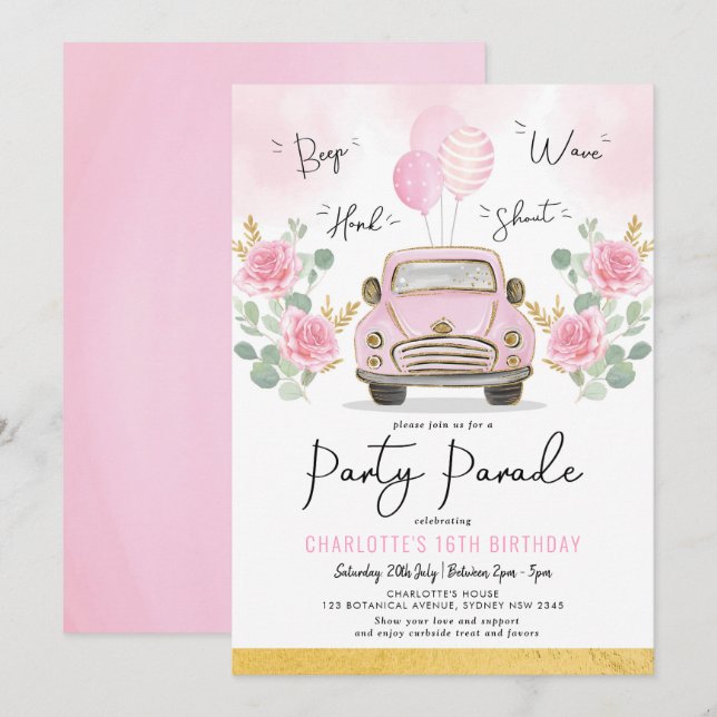 Invitation Les Filles D'Or Rose Conduisent Par Anniversaire P (Devant / Derrière)