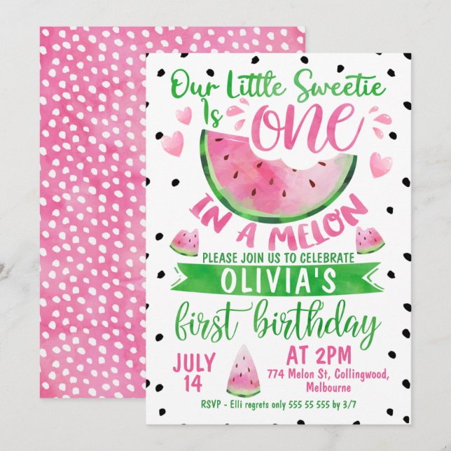 Invitation Les Filles Pink Green Dans Un Melon Premier Annive (Devant / Derrière)