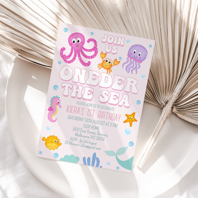 Invitation Les Filles Roses Rétro À L'Encontre De La Mer Prem (Pink Oneder the Sea 1st Birthday Invitation Template Baby Girl Under Sea 1st Birthday Invitation)