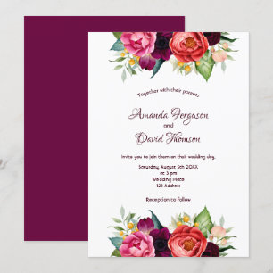 Invitation Les fleurs roses de Bourgogne tombent blanc mariag