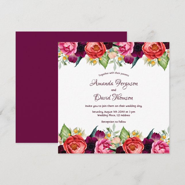 Invitation Les fleurs roses de Bourgogne tombent blanc mariag (Devant / Derrière)