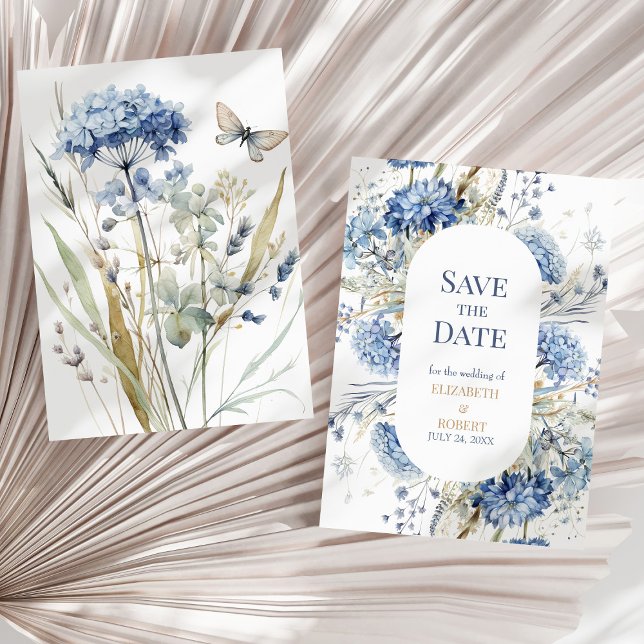 Invitation Les Fleurs sauvages du Jardin Bleu Français Sauven (French Blue Garden Wildflowers Save The Dates Invitation on a sunny neutral dry palm leaf.)