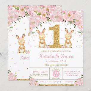 Invitation Les jumelles de Lapin Rabbit Twin 1er Anniversaire