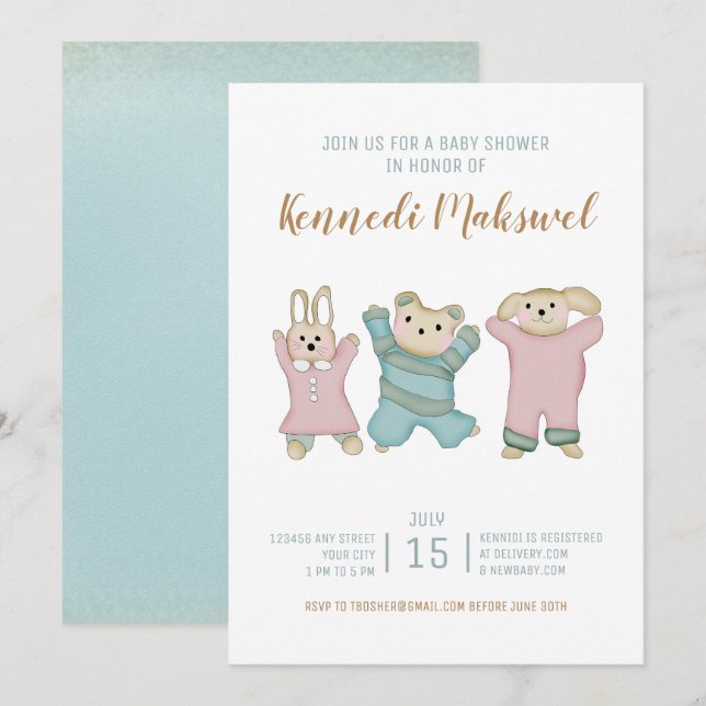 Invitation Les mignons animaux | BABY SHOWER (Devant / Derrière)