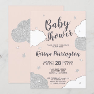 Invitation Les nuages roses d'argent étoilés baby shower