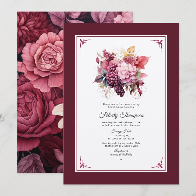 Invitation Les nuances de vin Floral Fête des mariées Dégusta (Devant / Derrière)