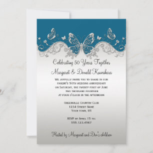 Invitation Les papillons d'argent Turquoises 25e anniversaire