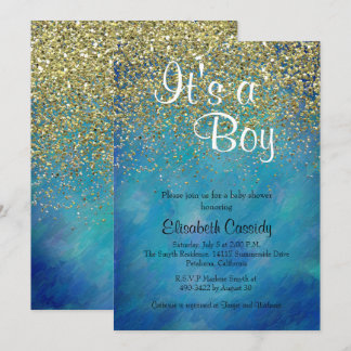 Invitation Les parties scintillantes de bleu et d'or arrosent