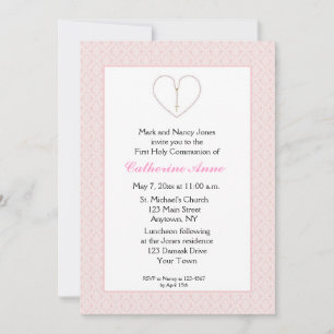 Invitation Les perles de Rosaire, communion de Damas rose du