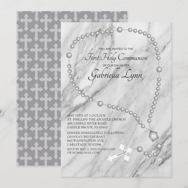 Invitation Les perles du Rosaire d'argent Première communion  (Devant / Derrière)