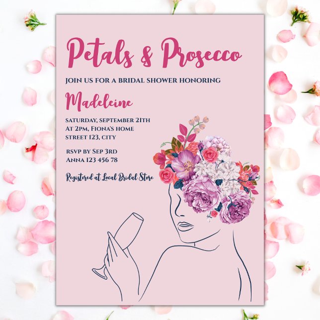 Invitation Les Pétales Et Le Procureur Fête des mariées Flora (petals and prosecco bridal showerinvitation blush floral wreath woman silhouette)